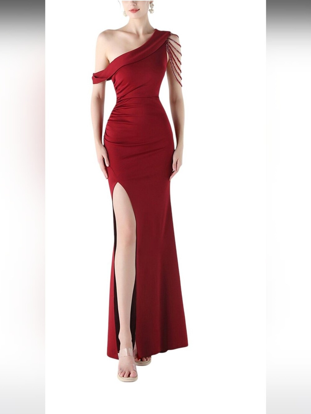 Kalinnu One-Shoulder Red Evening Dress with Beaded Shoulder Detail